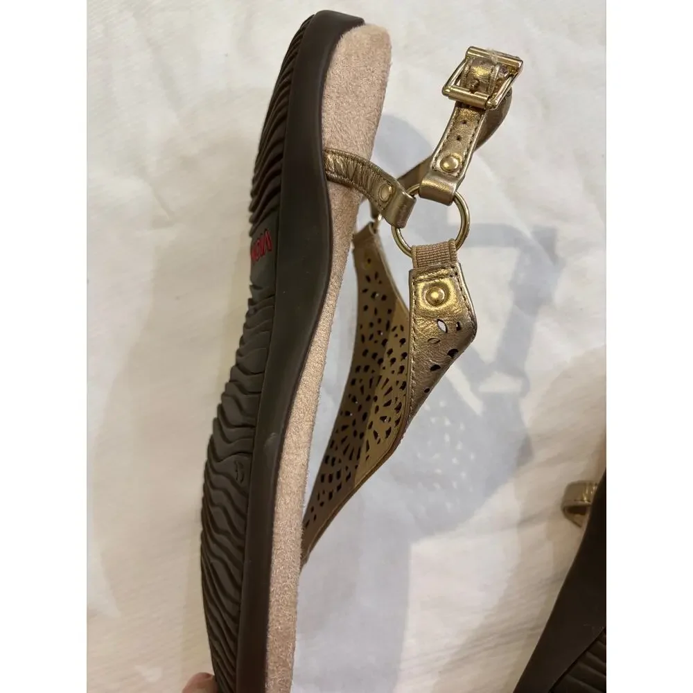 Vionic Kirra Sandals Gold Perforated Leather Thong Slingback Arch Support 10